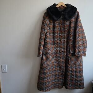 VTG 1950's Womens Tweed Full Length Orange Brown Overcoat LG Heritage Old Money